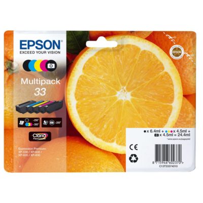 Epson Orange 33 Claria Premium Ink, Ink Cartridge, Black, Photo Black, Cyan, Magenta, Yellow Multipack, C13T33374010 Epson Orange 33 Claria Premium Ink, Ink Cartridge, Black, Photo Black, Cyan, Magenta, Yellow Multipack, C13T33374010